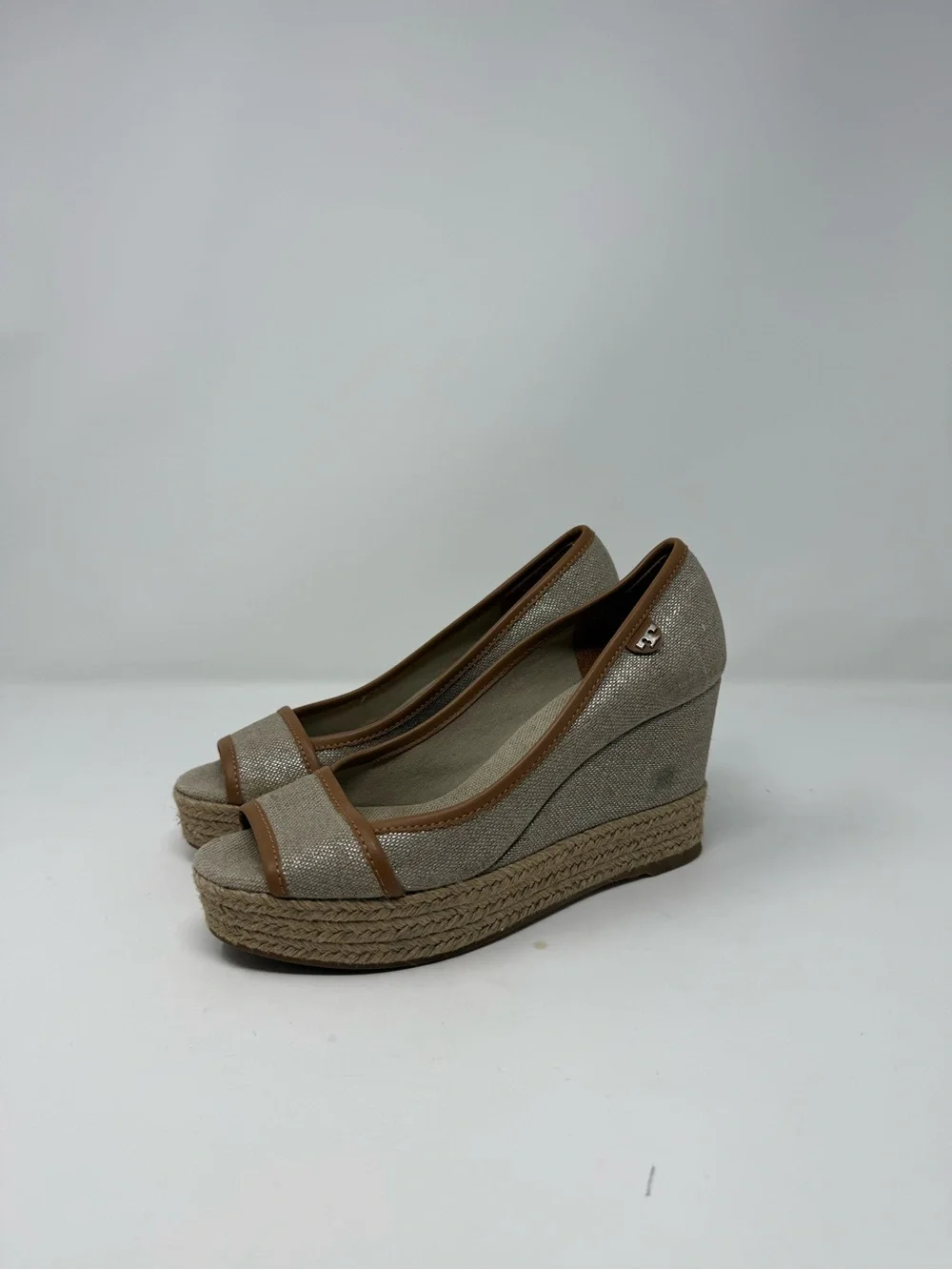 Tory Burch Taupe and Tan Espadrille Wedge Peep-Toe